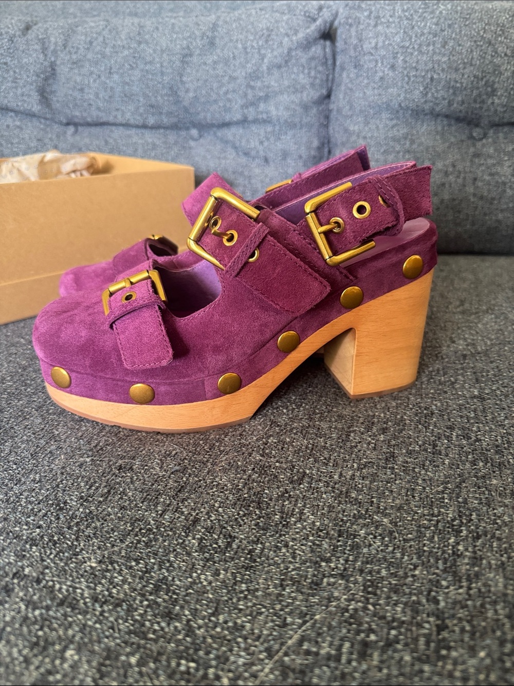 Charlotte Stone Purple Suede Platform Clog Sandals with Gold Studs - Picture 2 of 5